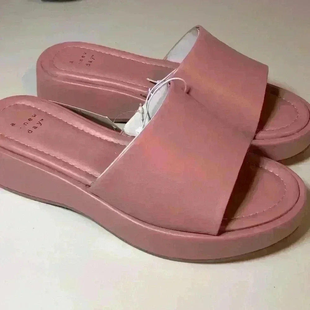 New!  WIDE WIDTH Pink Carlita Wedge Platform Slide Sandals - A New Day 8.5 Wide - Picture 3 of 9